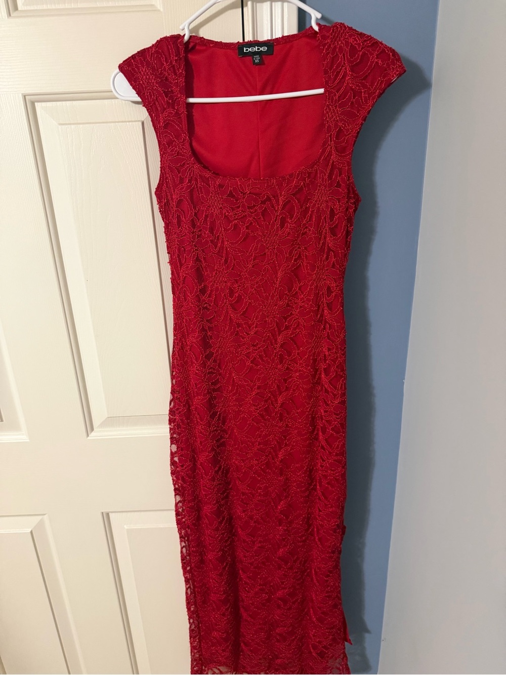 bebe Red Lace Midi Dress with Scoop Neck